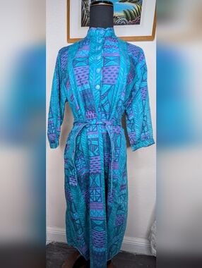 Vtg Orvis Women's Belted Blue Green Geometric Collar Button Up Shift Dress Sz 8